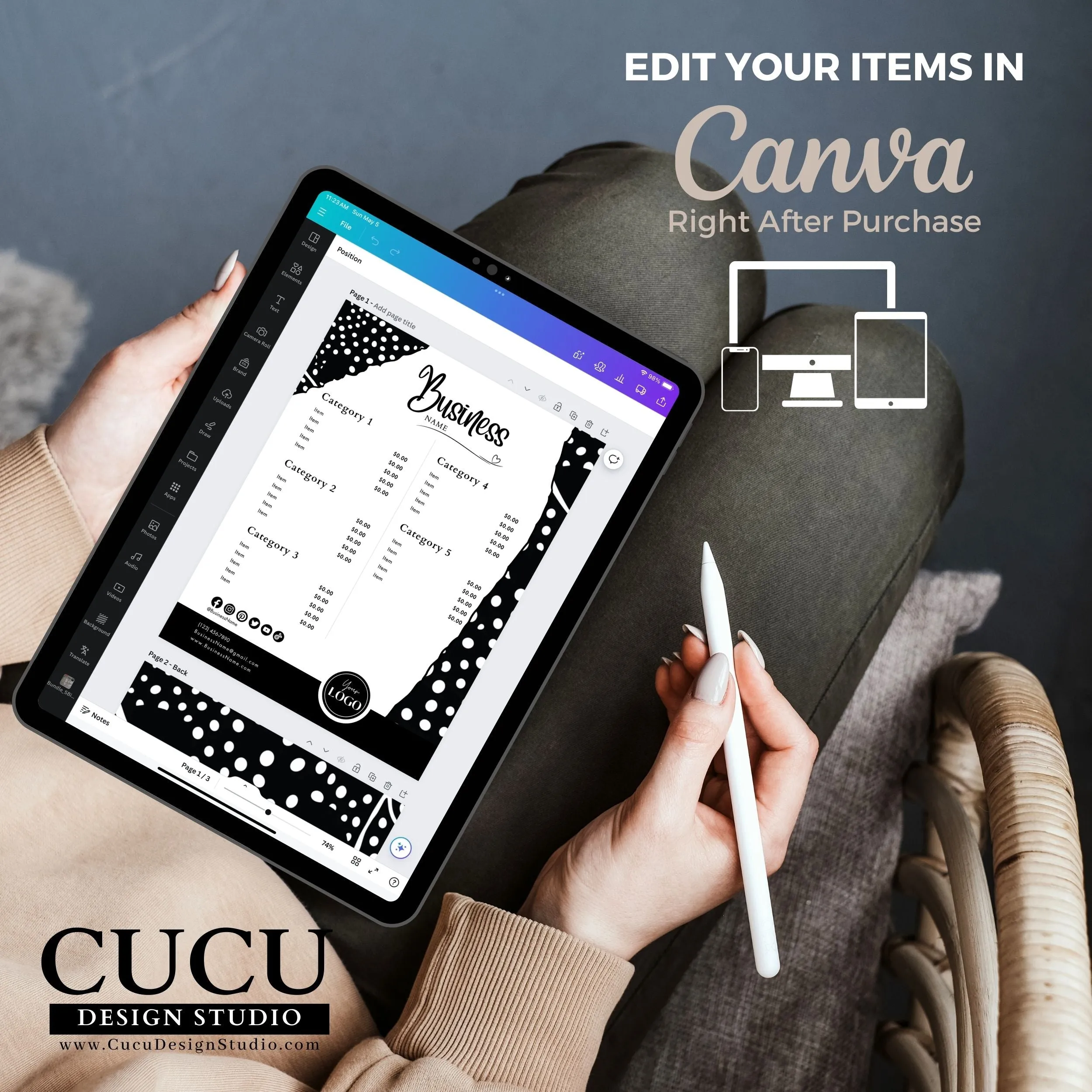 Black White Business Bundle | Price List | Business Card | Thank You Card | Canva Templates
