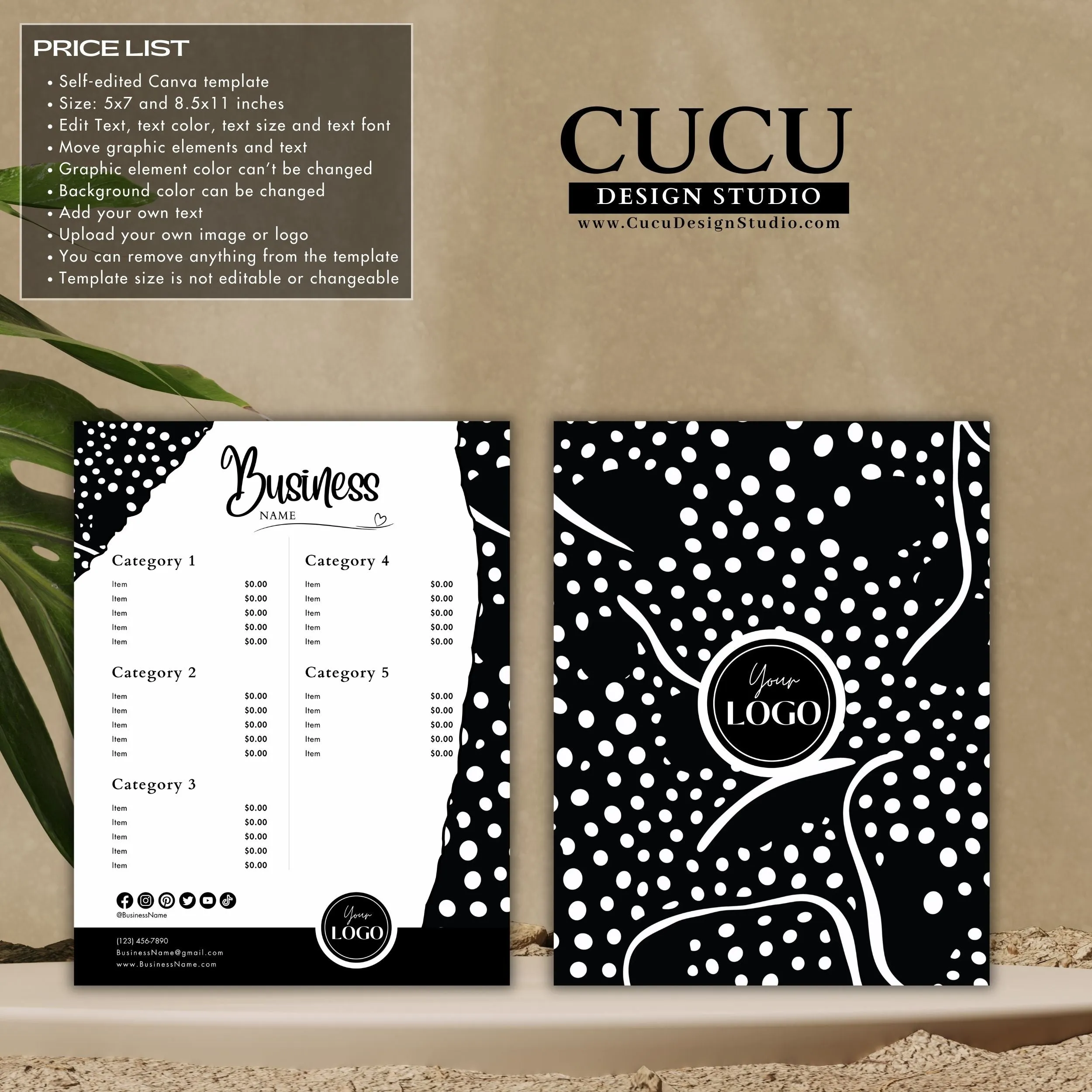 Black White Business Bundle | Price List | Business Card | Thank You Card | Canva Templates