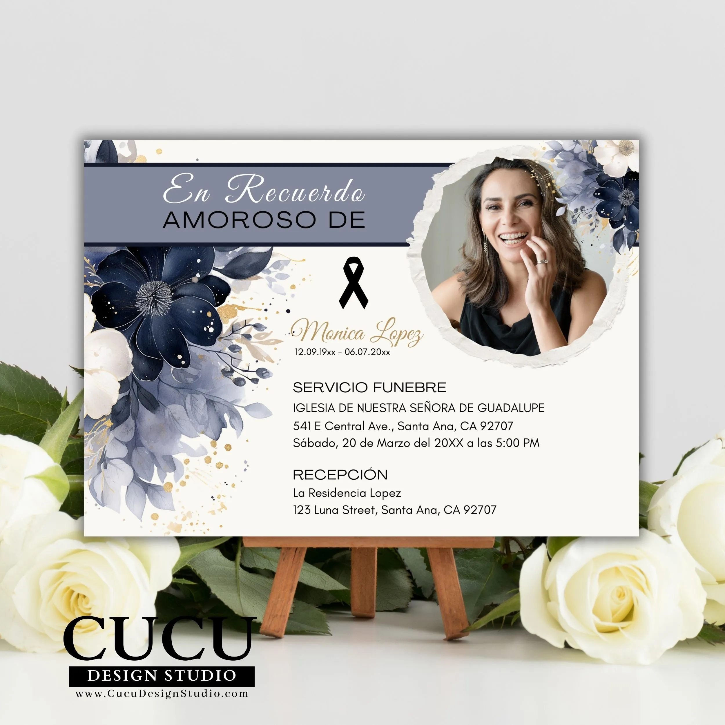 Blue Flower Spanish Funeral Invitation to Family and Friends