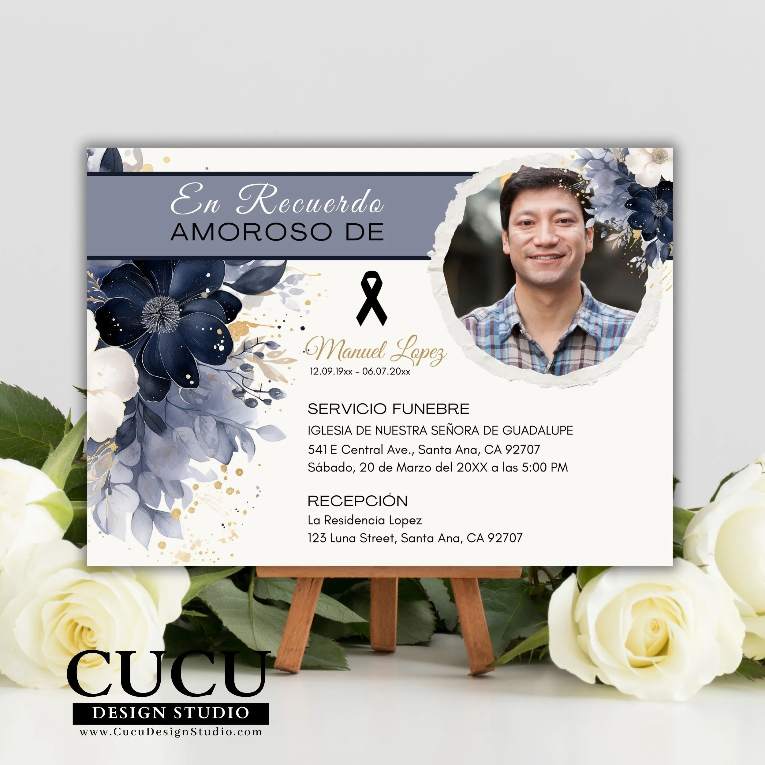 Blue Flower Spanish Funeral Invitation to Family and Friends