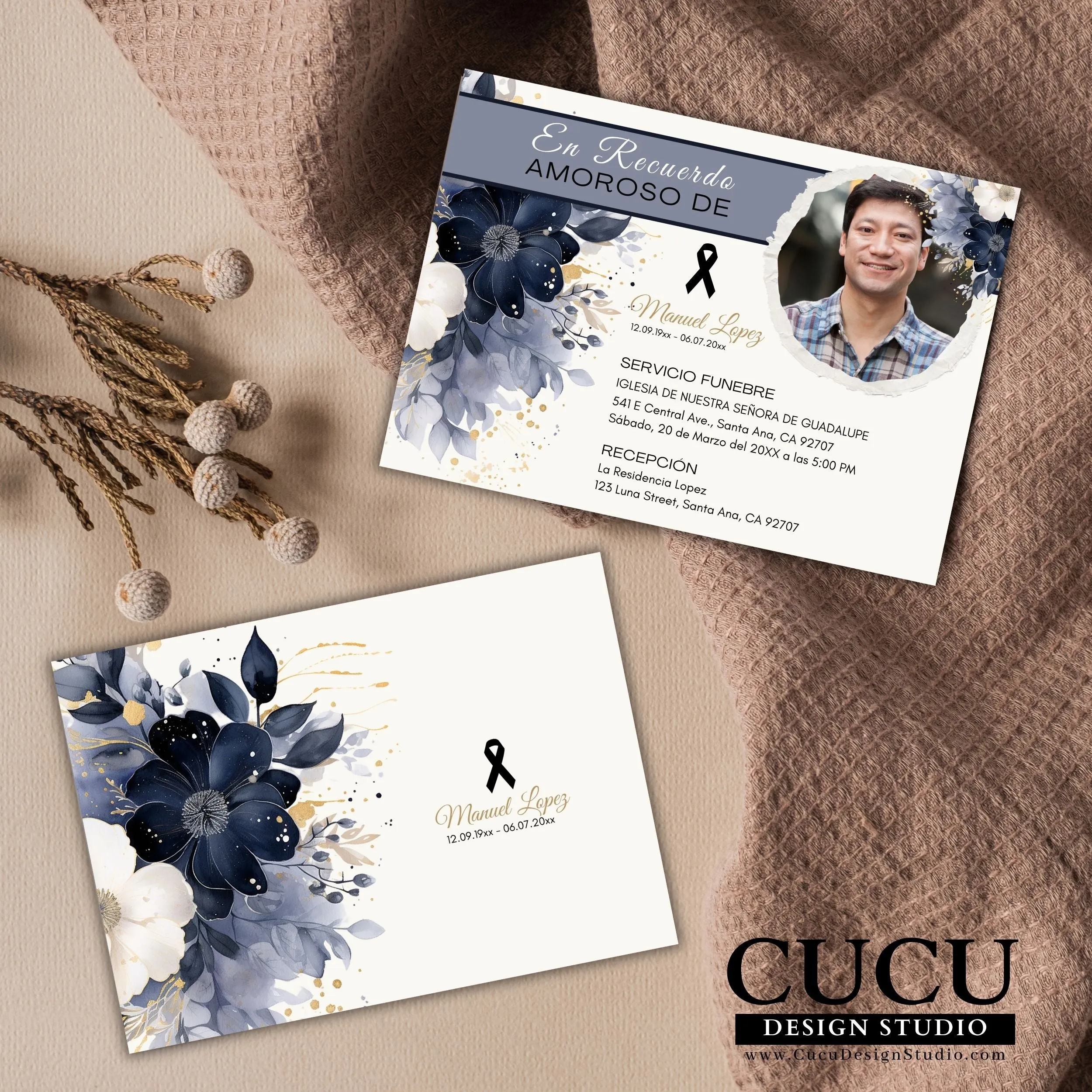 Blue Flower Spanish Funeral Invitation to Family and Friends