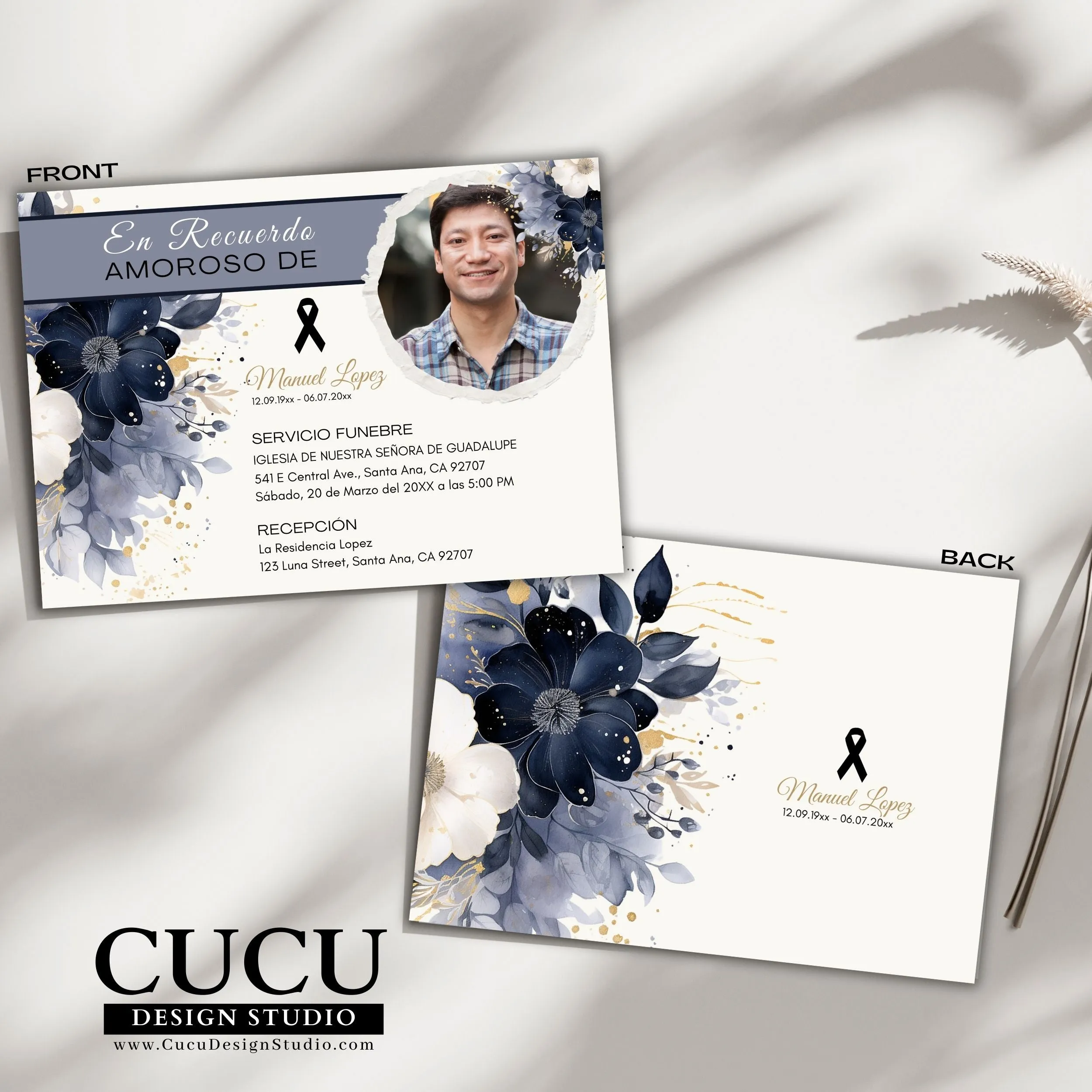 Blue Flower Spanish Funeral Invitation to Family and Friends
