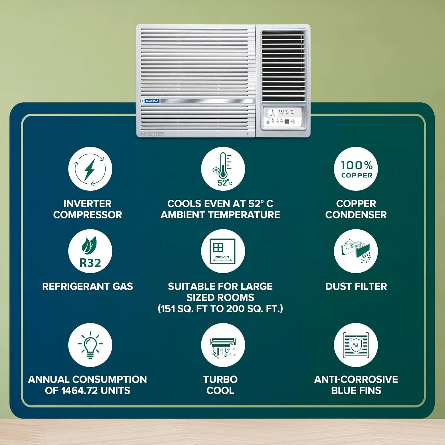 Blue Star WID324L 2 Ton 3 Star Inverter Window AC (Copper, Turbo Cool, White)