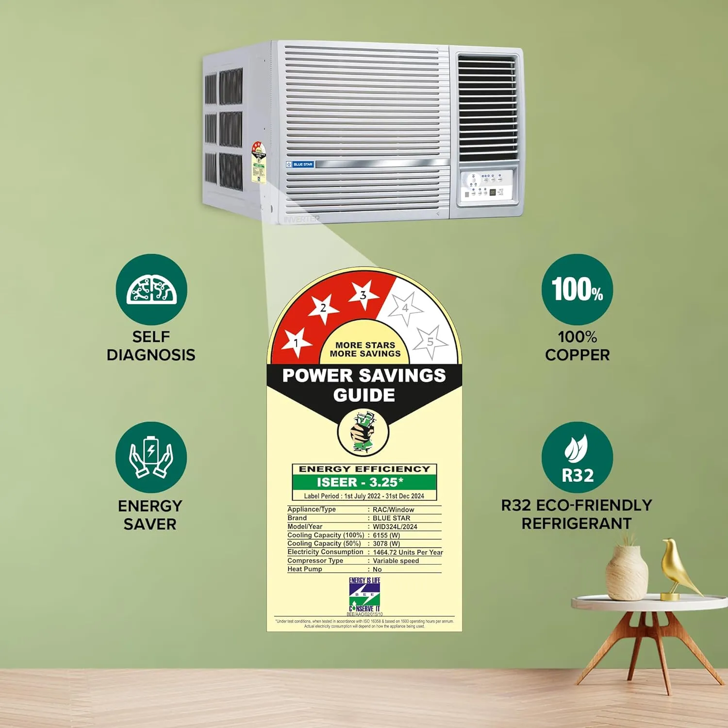Blue Star WID324L 2 Ton 3 Star Inverter Window AC (Copper, Turbo Cool, White)
