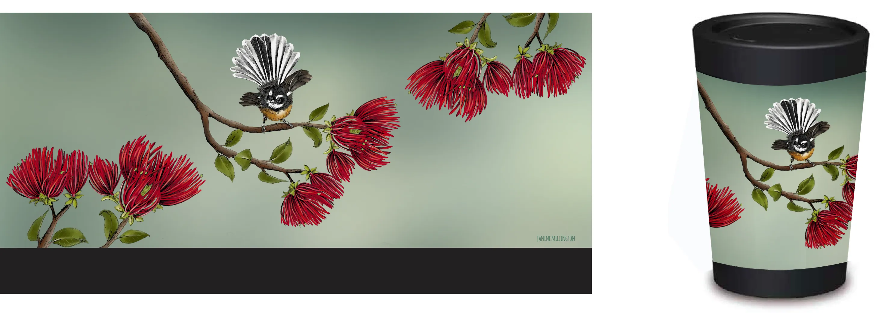 Cuppa Coffee Cup 12oz 5039 Pohutukawa Fantail  Designed by NZ Artist Janine Millington