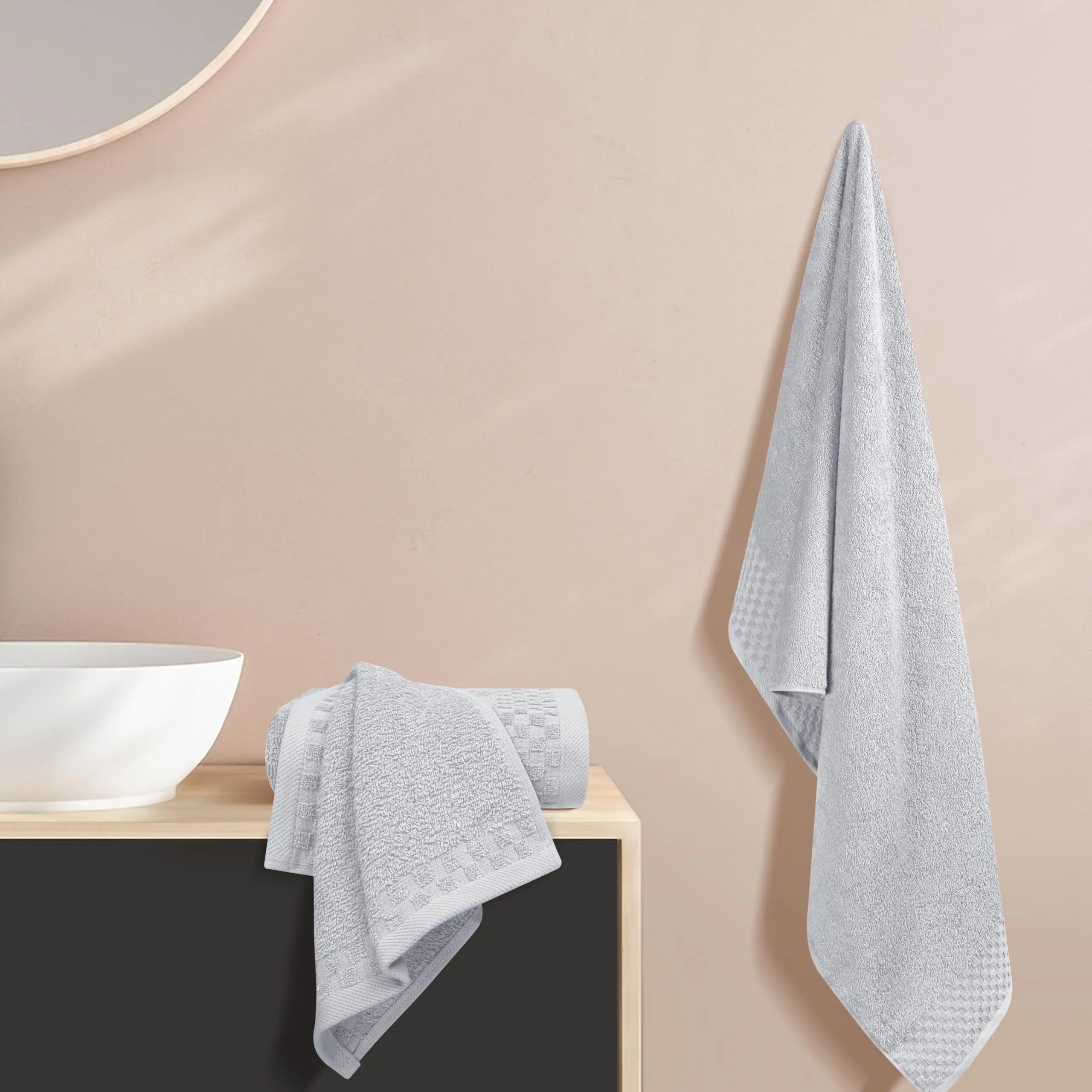 GLAMBURG Ultra Soft 3 Pack Cotton Towel Set, Contains a Bath Towel 28x55 inch, a Hand Towel 16x24 inch & a Wash Coth 12x12 inch, Ideal Everyday use, Compact & Lightweight - Light Grey